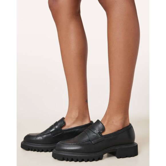 AllSaints Womens Lola Leather Loafers in Black 9 with Box Penny Oxford Shoes - Picture 1 of 16